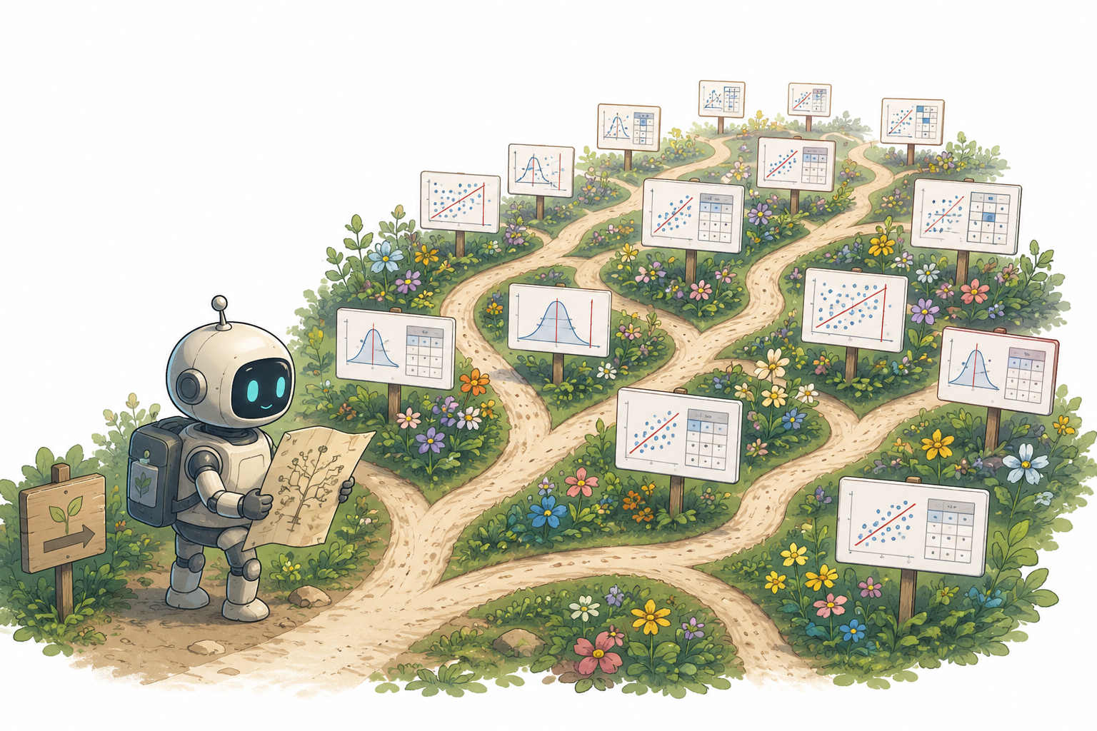 An agent surveying a garden of forking analytical paths.