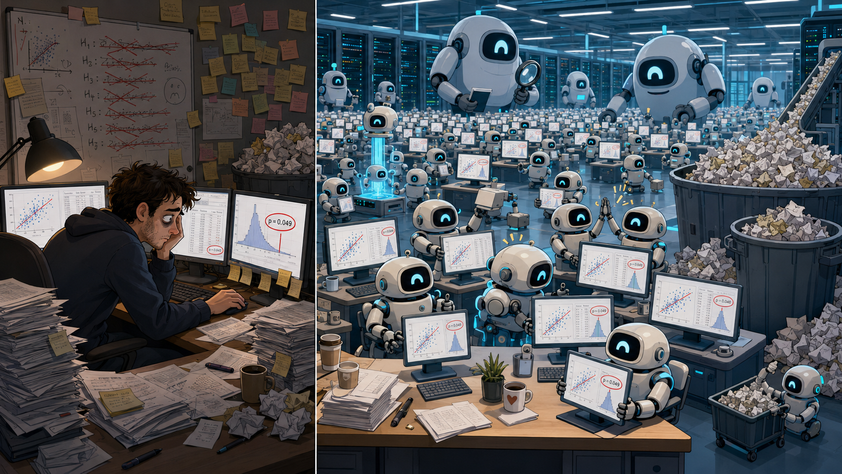 Before: a lone analyst with stacks of paper. After: a warehouse of AI agents at workstations.
